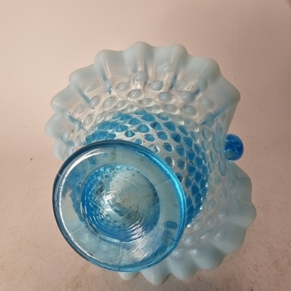 Vintage Fenton blue opalescent hobnail ruffle edge‎ basket - Picture 2 of 5